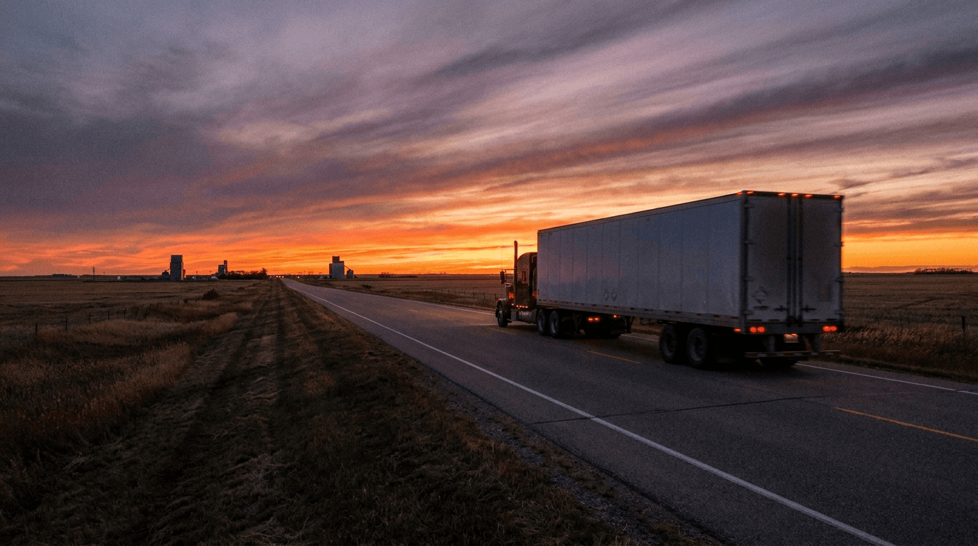 Manitoba prairie highway at dusk with a semi-truck