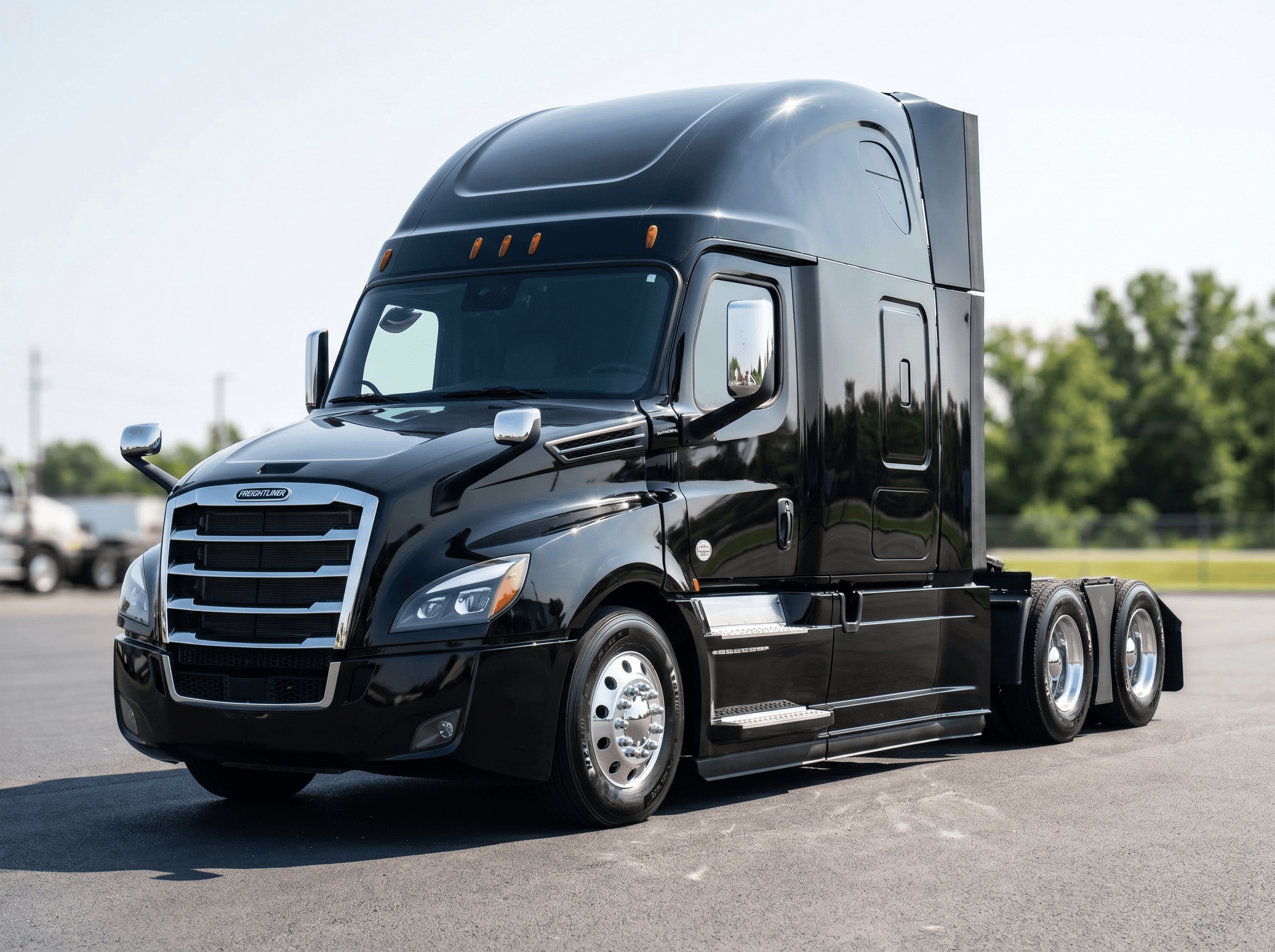 2020 Freightliner Cascadia 126 sleeper in glossy black on a dealership lot