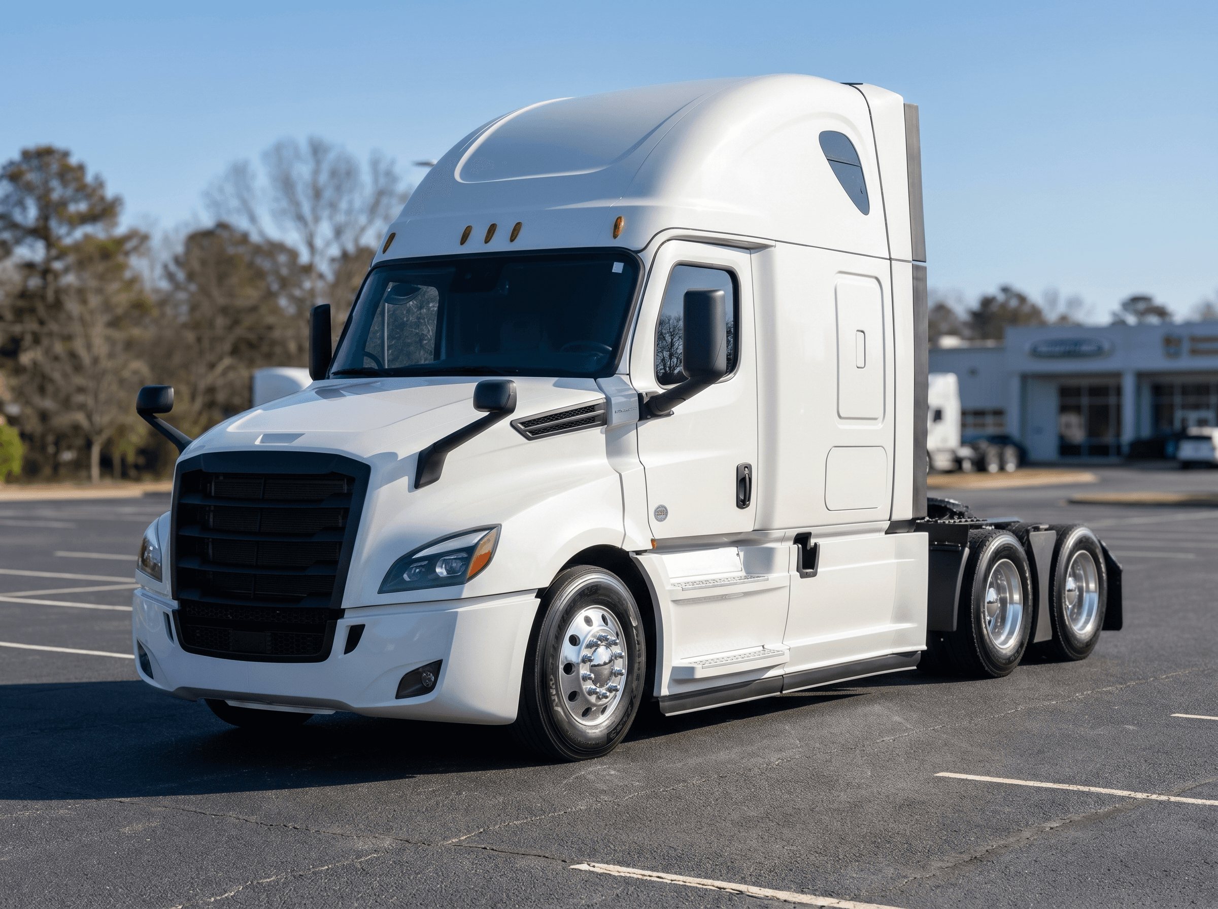 2025 Freightliner Cascadia 126 fifth-generation sleeper in pearl white on a dealership lot